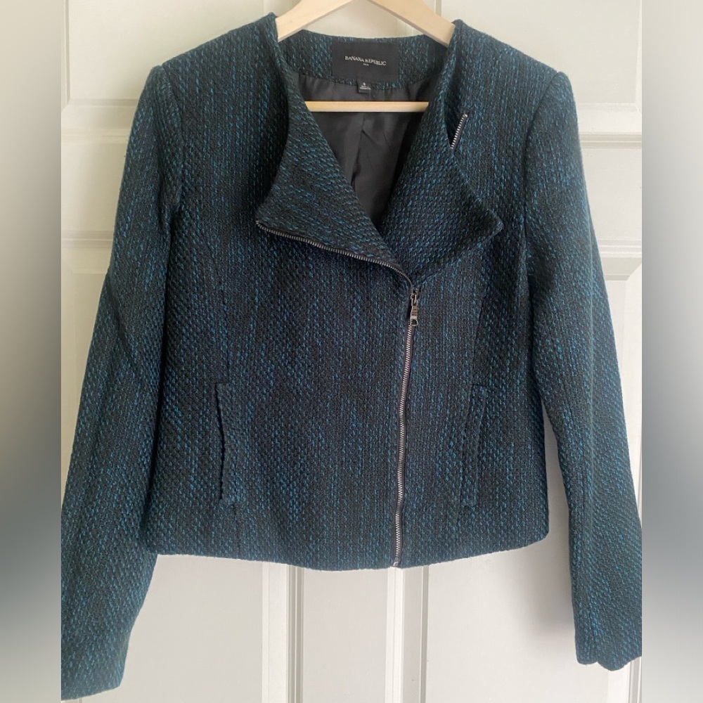 Banana Republic Tweed Jacket Size 8 Classic Cropped Asymmetrical Zipper Blk Blue